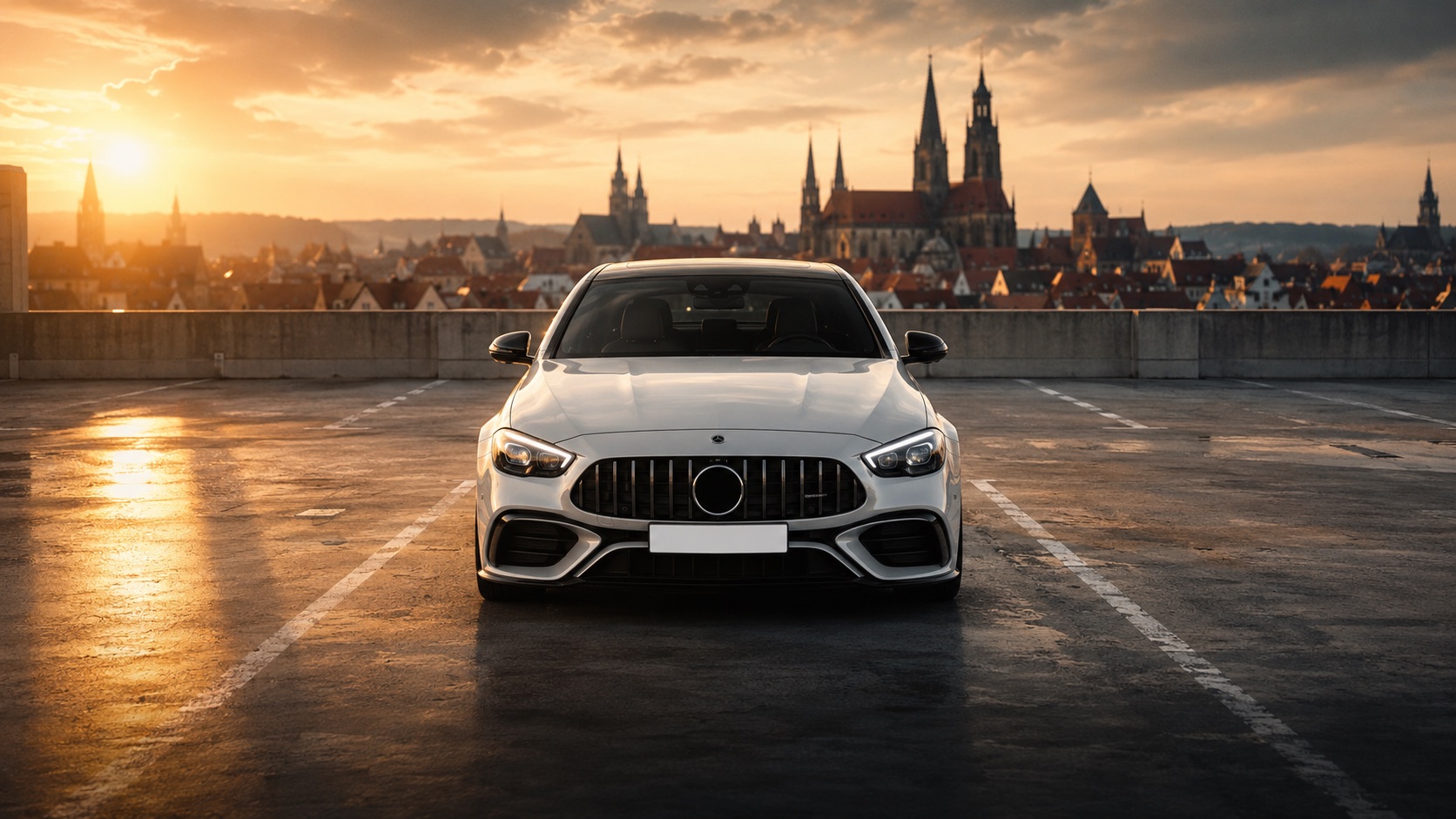 Weißer Mercedes-AMG auf einem Parkdeck über der Erfurter Altstadt bei Sonnenuntergang